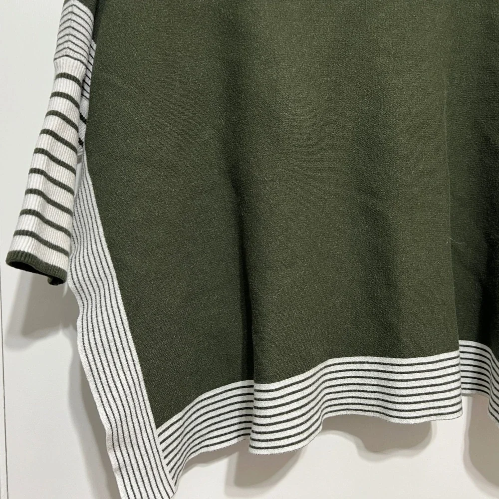 Womens Olive Green Mock Neck Striped‎ Sleeve Poncho Sweater Knit Top One Size